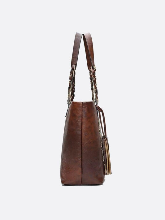 Boho Leather Tote Bag – Braided Straps & Tassel Charm