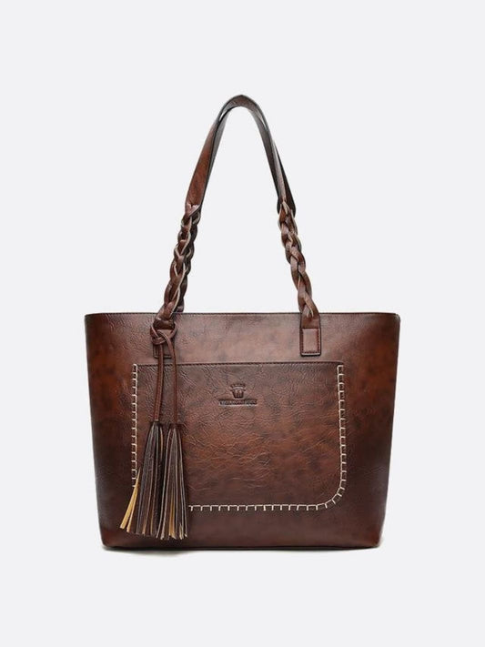 Boho Leather Tote Bag – Braided Straps & Tassel Charm