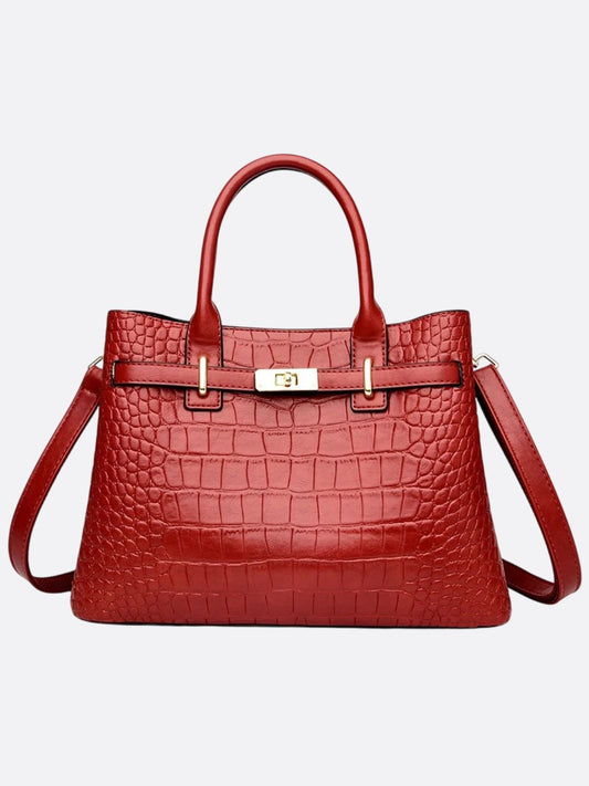 Valencia Croc-Embossed Leather Tote – Structured Top Handle Bag with Lock Detail