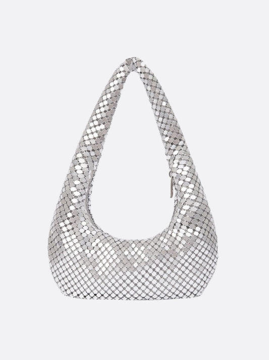Shoulder bag with sequin mesh and curved silhouette