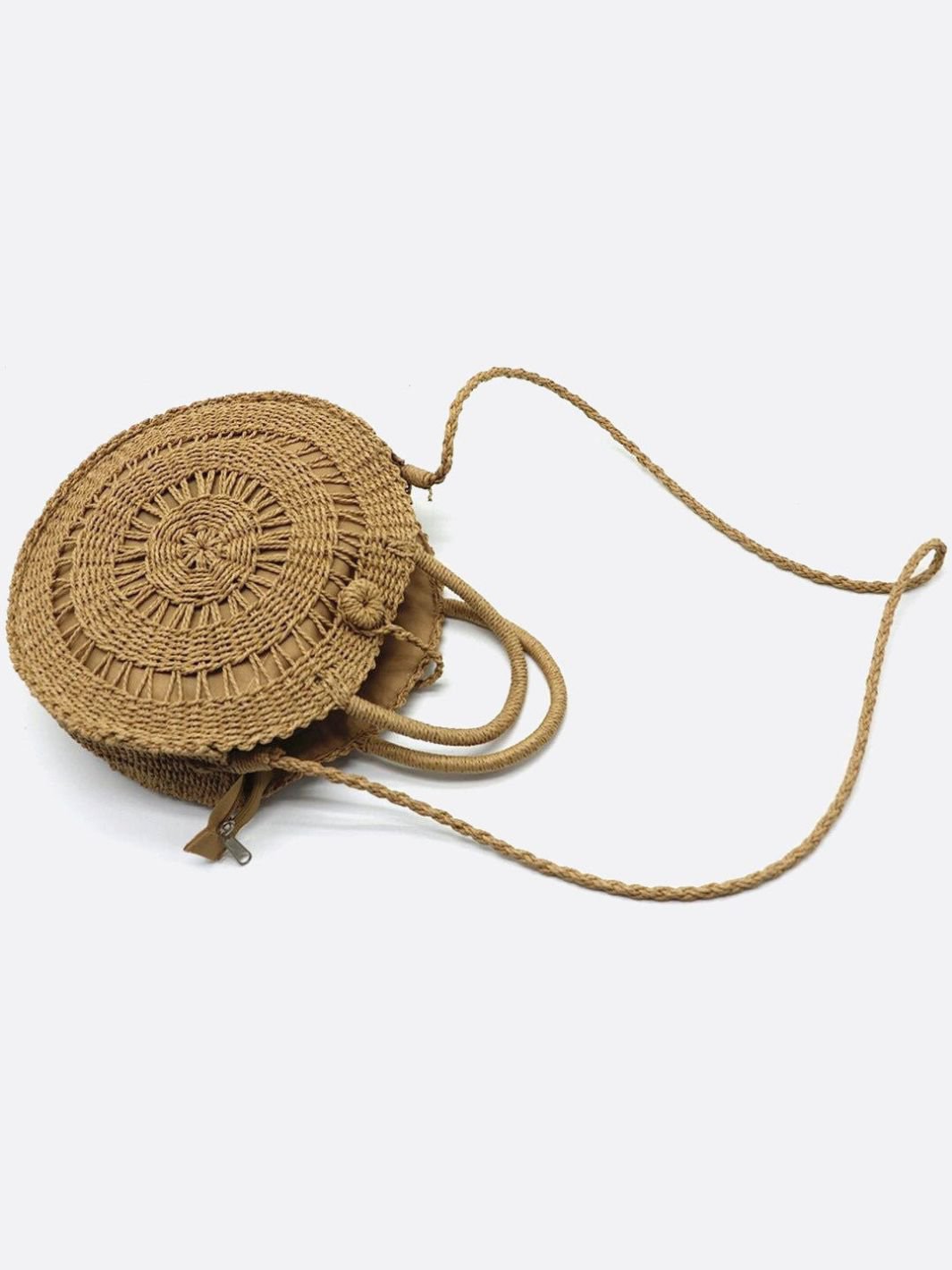 Round Handwoven Cord Bag – Boho Tote with Dual Handles & Strap