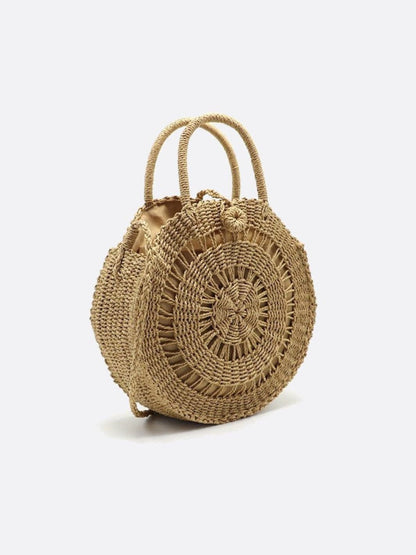 Round Handwoven Cord Bag – Boho Tote with Dual Handles & Strap