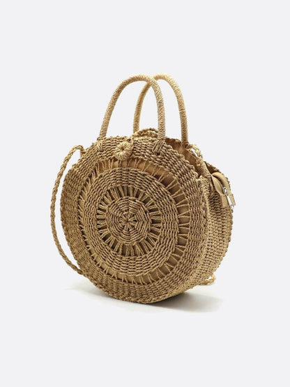 Round Handwoven Cord Bag – Boho Tote with Dual Handles & Strap