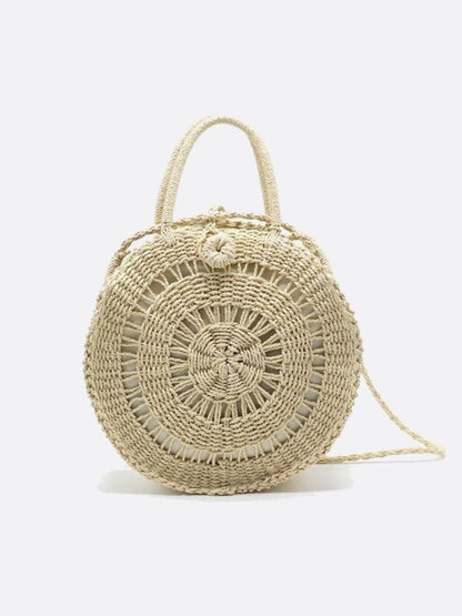Round Handwoven Cord Bag – Boho Tote with Dual Handles & Strap