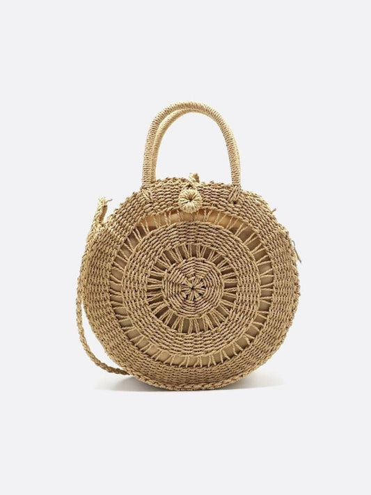 Round Handwoven Cord Bag – Boho Tote with Dual Handles & Strap