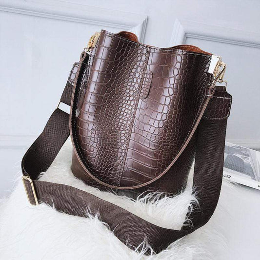Croc-Embossed Bucket Bag – Faux Leather Shoulder Bag with Wide Strap