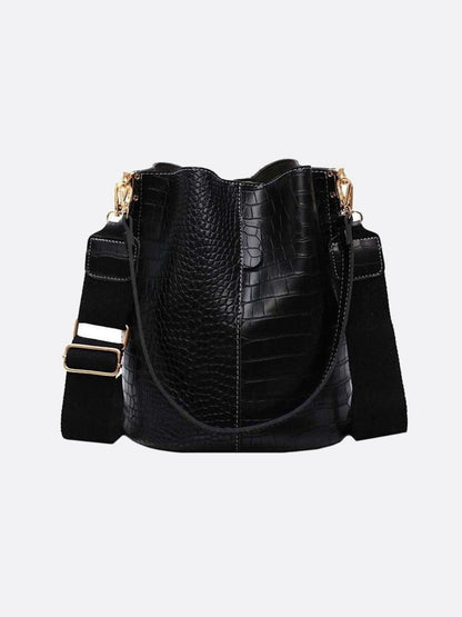 Black Croc-Embossed PU Leather Bucket Bag – Bold, Textured, Timeless