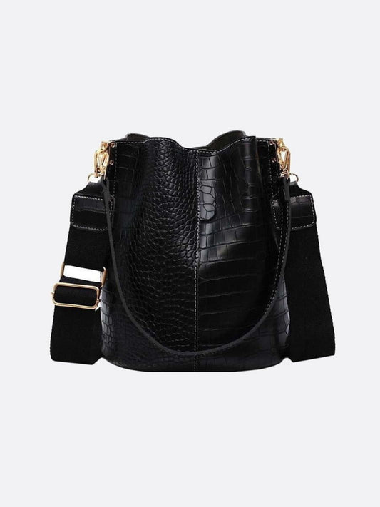 Black Croc-Embossed PU Leather Bucket Bag – Bold, Textured, Timeless