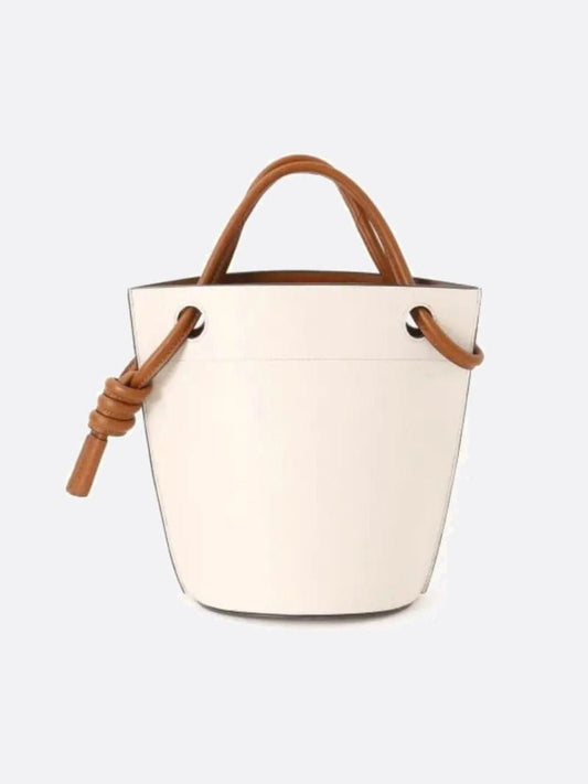 White Minimalist Bucket Bag – Faux Leather with Knotted Handle Detail