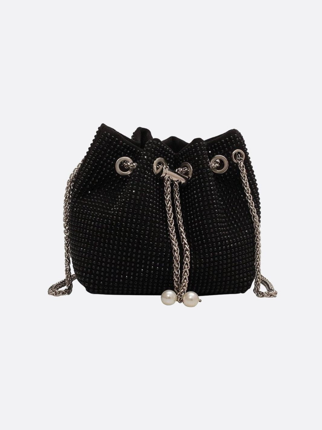 Drawstring bucket bag with rhinestones and chain strap