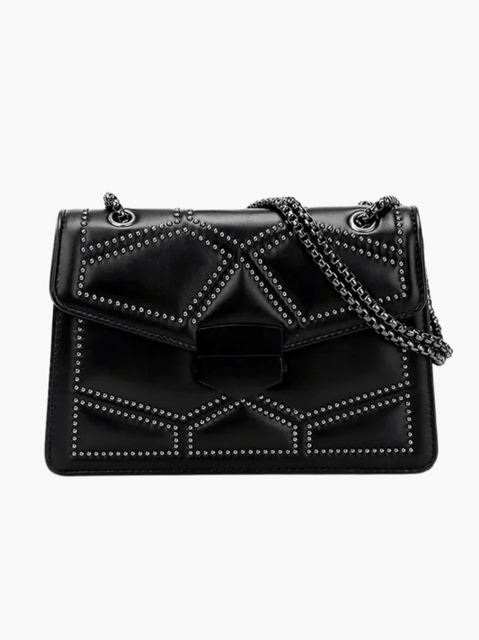 Vionara | Black Studded Leather Shoulder Bag – Edgy Elegance