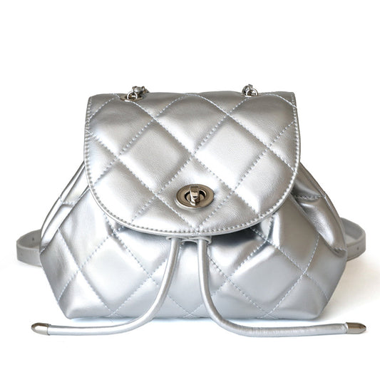 Perseis | Silver Quilted Leather Backpack – Chic, Trendy & Eye-Catching