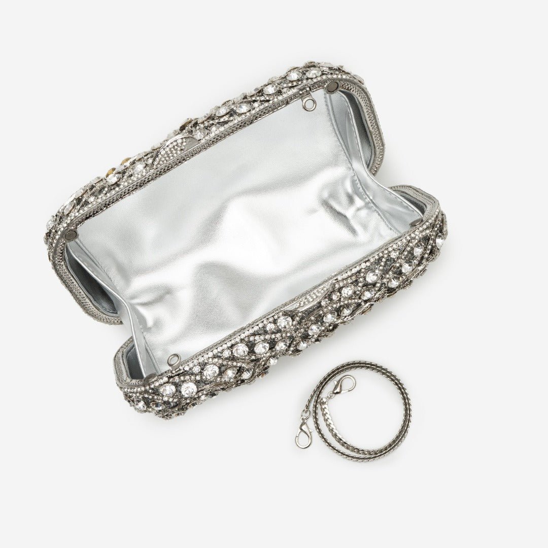 Zyrene | Crystal Embellished Silver Evening Clutch – Radiant Luxury