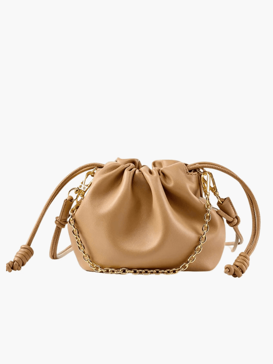 Isla | Beige Leather Drawstring Bag – Chic & Elegant