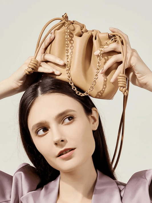 Isla | Beige Leather Drawstring Bag – Chic & Elegant