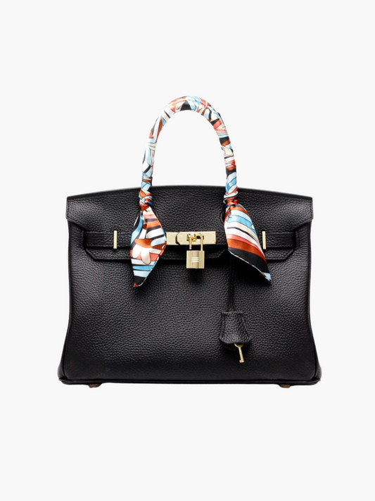 Isla | Black Structured Handbag with Scarf – Timeless & Chic
