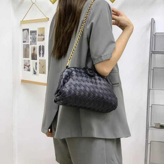 Veyndra | Black Woven Leather Chain Bag – Elegant & Chic
